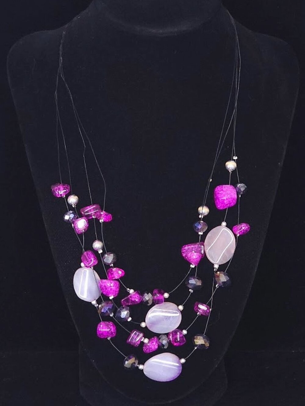 Y2K Purple Magenta Multi-Strand Layered Floating Bib Necklace